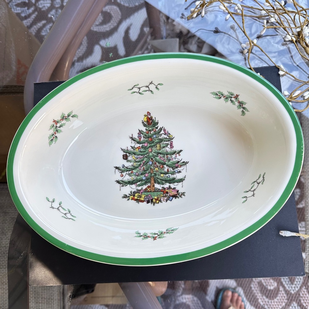 Spode England Oval Dish Bakeware Ceramic 12 inch Vintage Christmas Tree Pattern